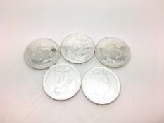 a selection of 5 fine silver Brittannia coins, apporx gross weight 158gr tested as silver