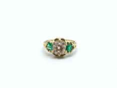 1.62ct Old cut diamond ring with square cut emerald shoulders. 18ct Mount. Size L