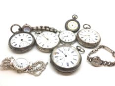 a selection of silver pocket watches and wrist watches. Marked and tested silver , approx gross