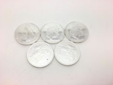 a selection of 5 fine silver Brittannia coins, apporx gross weight 158gr tested as silver