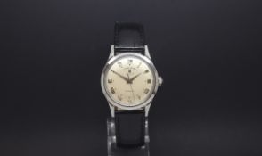 Vintage Favre-Leuba Searaider, silvered dial with Roman numerals, 34mm case, black leather strap