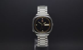 Vintage Rado black dial, day/date aperture stainless steel cushion shaped dial, stainless steel