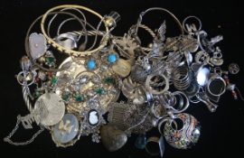 a large selection silver jewellery and various items including hand mirror, rings and bangles,