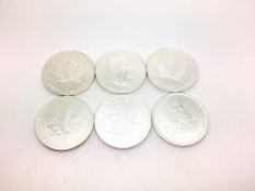 a selection of 6 fine silver canadian maple leaf coins, approx gross weight 190gr tested as silver
