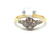 Old cut diamond quatrefoil cluster ring, estimated total diamond weight 0.75ct, in yellow and