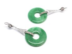 Untreated jade and diamond earrings, 25mm jadeite discs, suspended from diamond mounted, french wire
