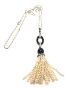 Art deco pearl, diamond and onyx pendant and necklace, pearl strands suspended from a black enamel