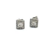 Contemporary princess cut diamond cluster earrings, central princess cut diamond surrounded by a