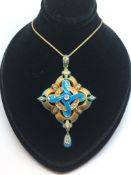 Old cut diamond and enamel pendant, central old cut diamond within a four point ribbon of