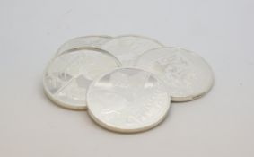 A selection of 5 Silver Hallmark coins marks and tested as silver, Aprrox Gross weight 143.0gr