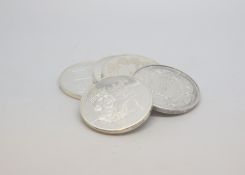 A selection of 5 Silver Hallmark coins marks and tested as silver, Aprrox Gross weight 143.0gr