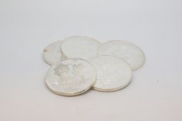 A selection of 5 Silver Hallmark coins marks and tested as silver, Aprrox Gross weight 143.0gr