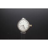 WW1 Longines trench watch, circular white dial, subsidiary seconds, cathedral style hands, Arabic