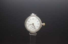 WW1 Longines trench watch, circular white dial, subsidiary seconds, cathedral style hands, Arabic