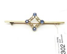 Sapphire and pearl set bar brooch, in yellow metal stamped 15ct, approximately 2.8g gross