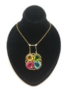 Multi Gem set pendant, four vibrant pear cut gems stones including citrine, topaz, peridot,