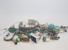 a selection of mostly turquoise set jewellery of various designs, marked and tested as silver, gross