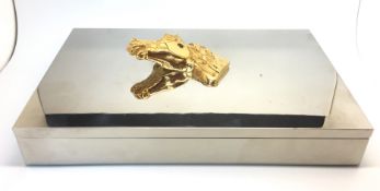 Hermes cigar box, silver plate with a wooden lining, set with a horses head to the top, French,