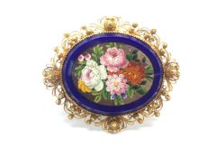 Floral micro mosaic brooch, large oval panel depicting flowers, 3.8 x3.1cm, border of bead and