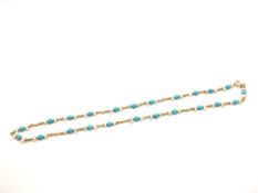 Turquoise and pearl bead necklace, set with round 4.1mm turquoise beads, with a pearl to each