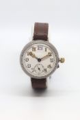 Military Trench watch, white enamel dial, cathedral hands, subsidiary seconds dial, 34mm case, brown