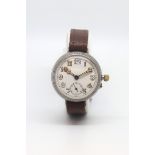 Military Trench watch, white enamel dial, cathedral hands, subsidiary seconds dial, 34mm case, brown