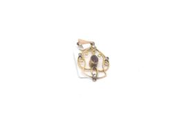 Art nouveau amethyst and seed pearl pendant, 3.4cm drop, stamped 9ct