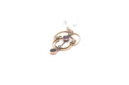 Art nouveau amethyst and seed pearl pendant, suspended amethyst, 3.7cm drop, stamped 9ct