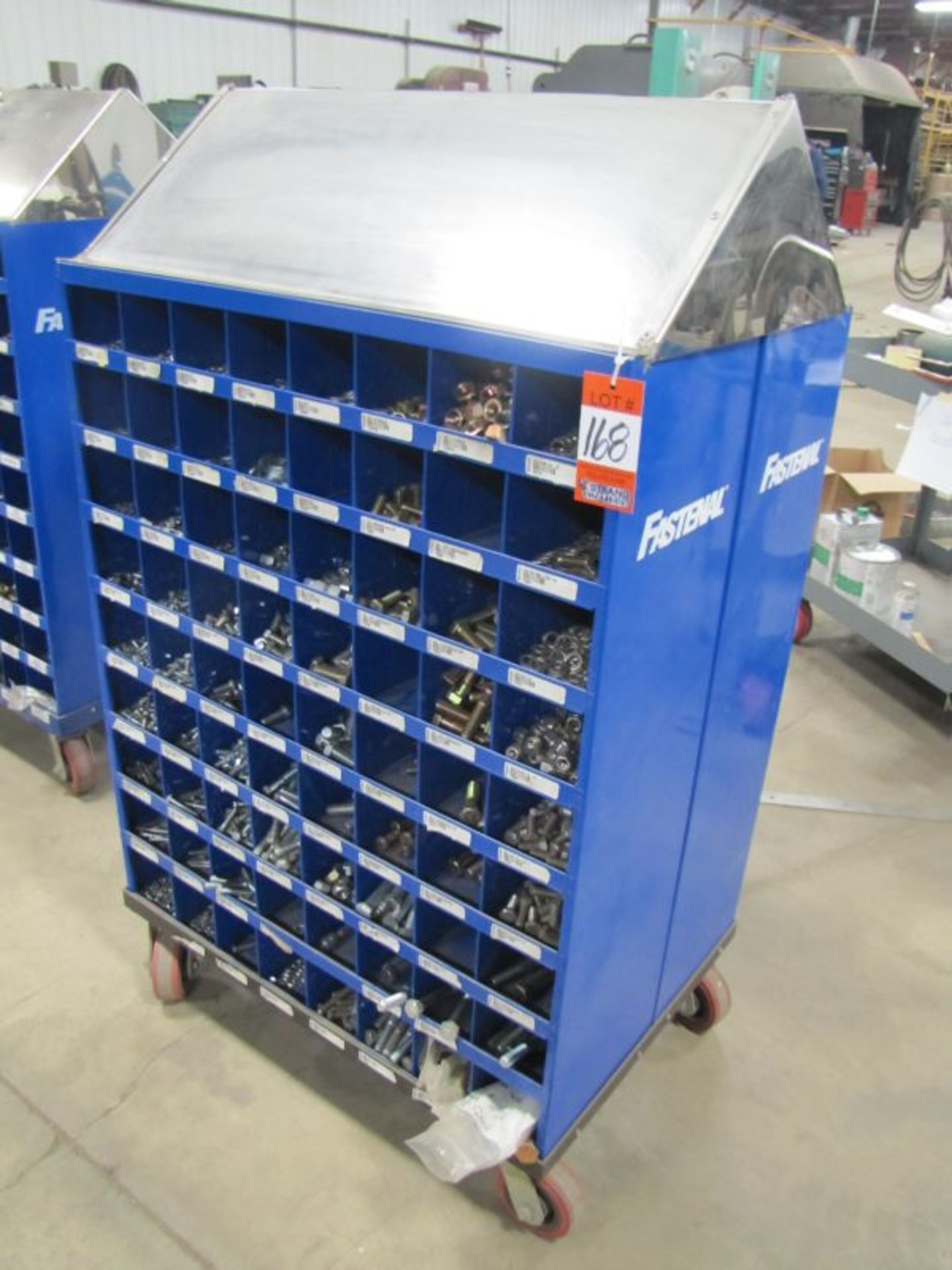Fastenal Portable Rolling Bin with Split Washers, Flat Washers, Nuts and Bolts as Shown