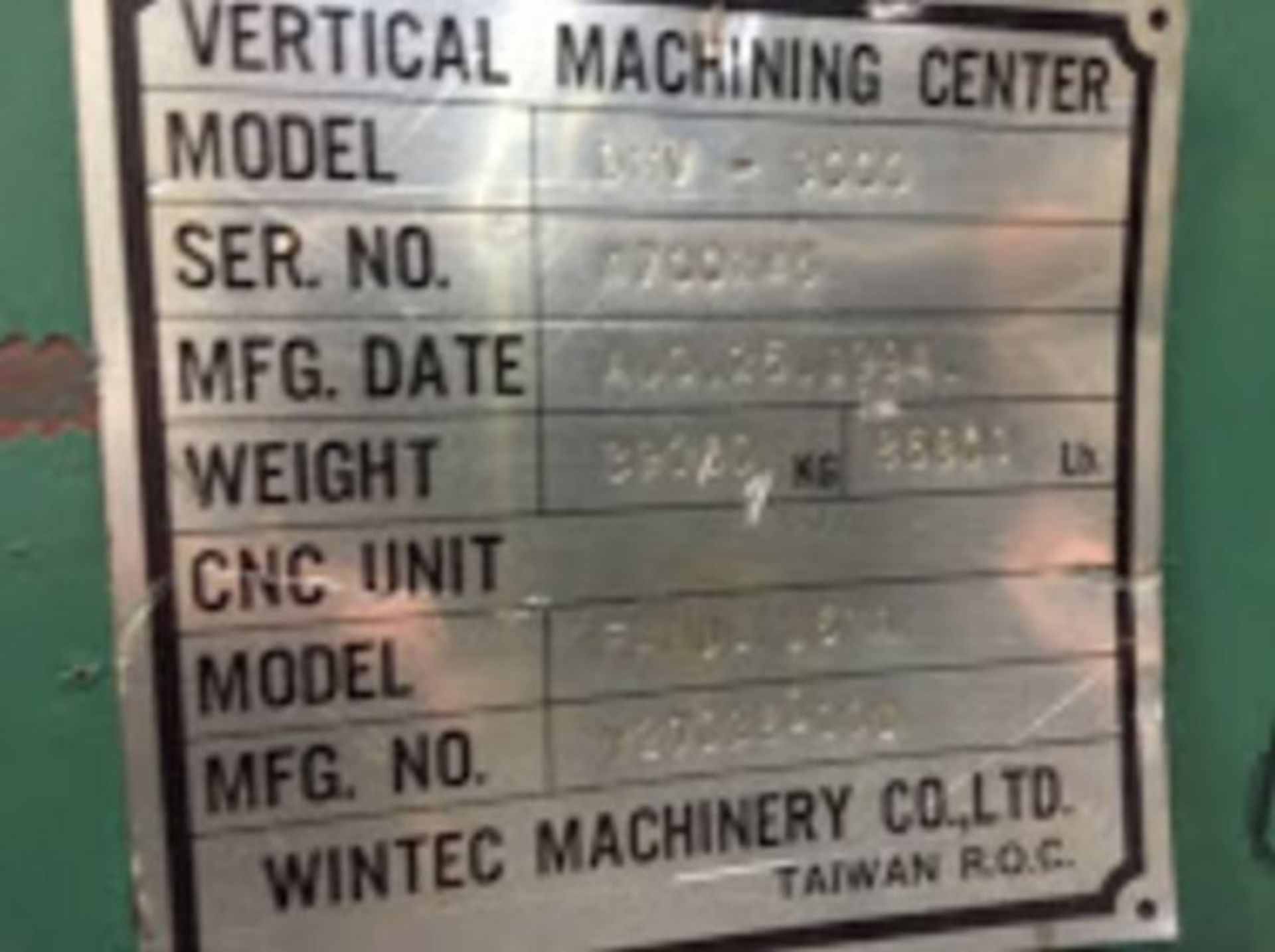 1994 WINTEC CNC VERTICAL MACHINING CENTRE, MODEL DMV-3000 - Image 3 of 11