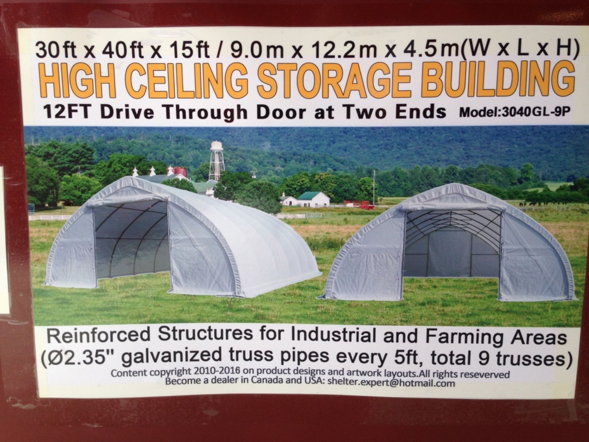 NEW 30' X 40' X 15' PEAKED DOUBLE DOOR STORAGE SHELTER - Image 2 of 5