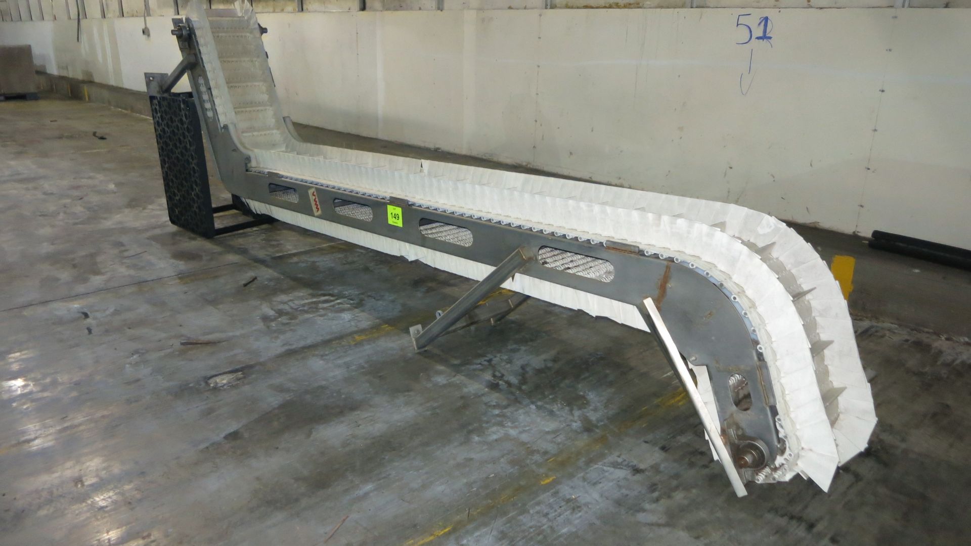 Z" elevator conveyor, 11' high, 3' infeed, 2' discharge, 16" cleated belt, 2 hp drive