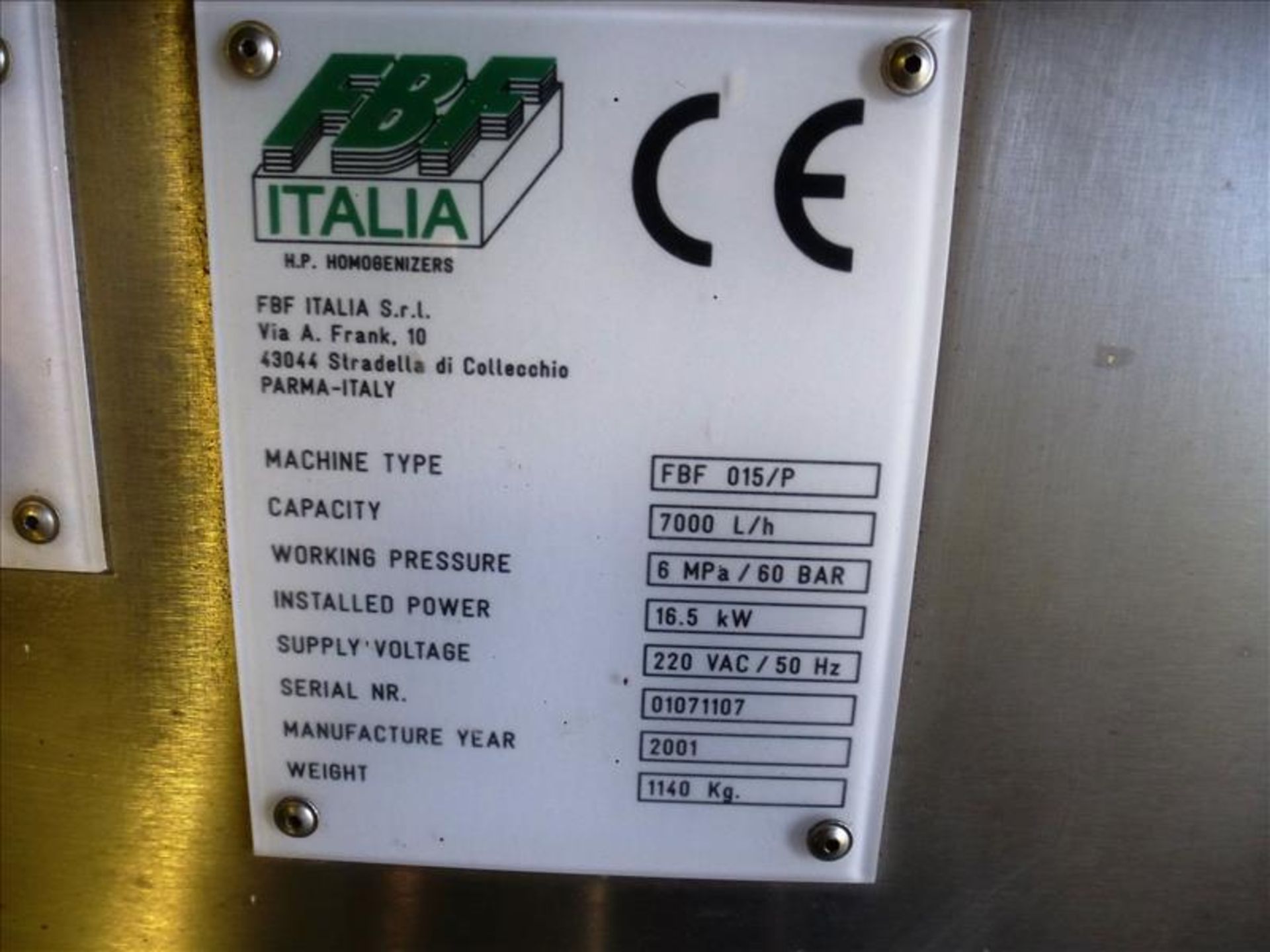 FBF Italia s/s 3-piston volumetric high pressure pump, mod. FBF 015/P, ser. no. 01071107, 7000 - Image 2 of 9