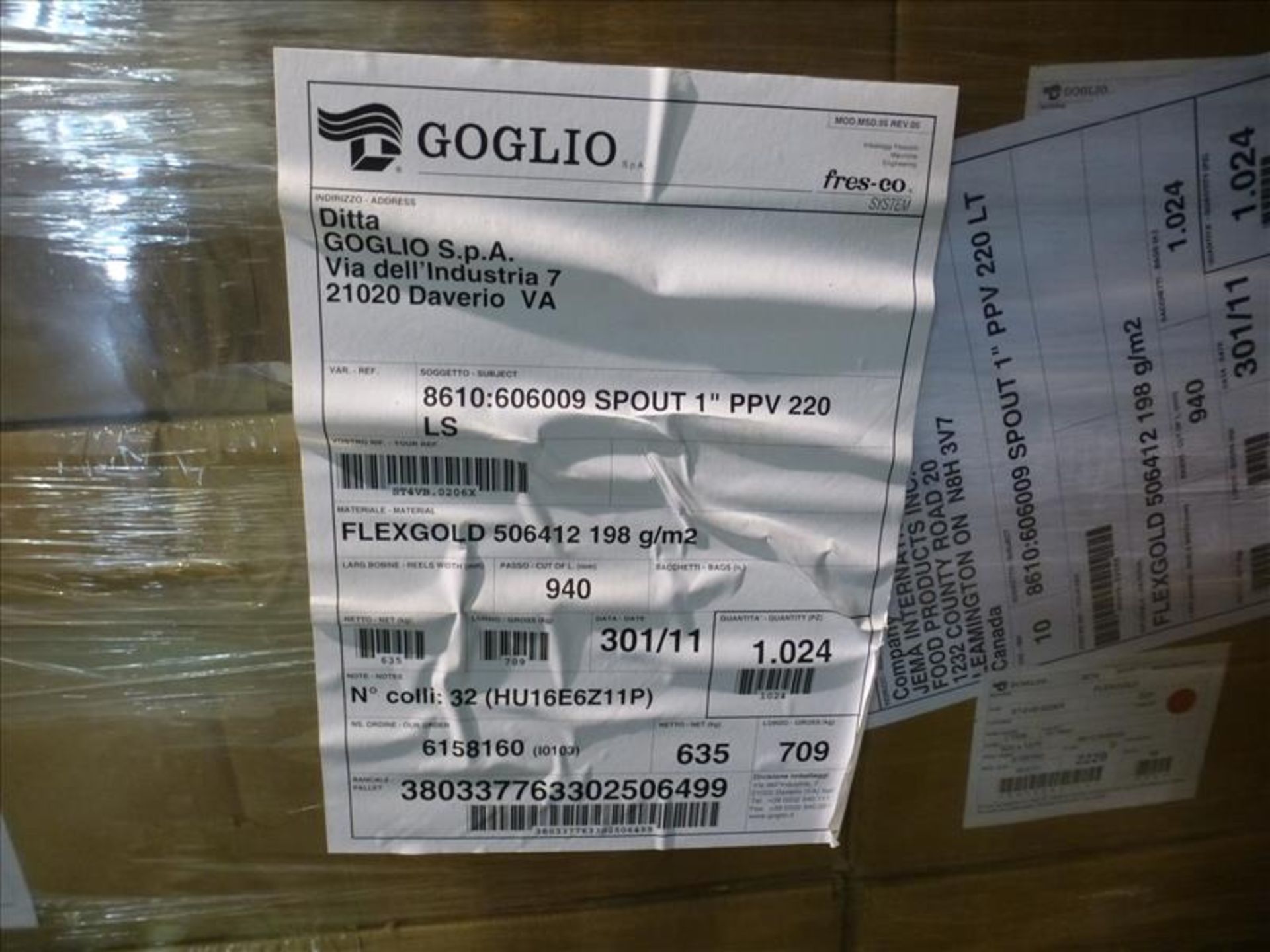 lot of Goglio "Fres-Co" System 220-liter Flexgold aseptic bags, 920 x 1,575 mm., 1" spout diam., - Image 8 of 8