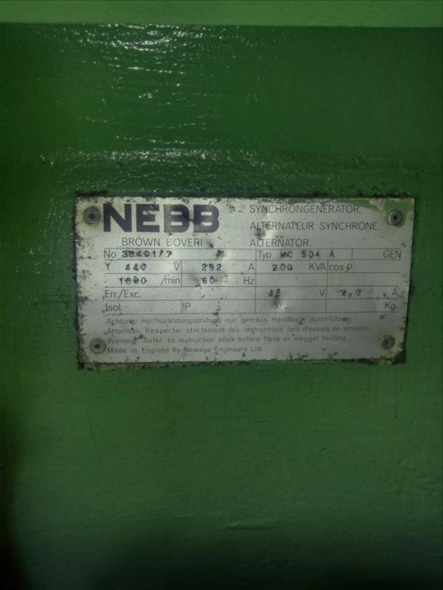 Nebb Backup Generator No: 38401/7, Type: MC 504 A, V: 440, A: 262, kVA: 200, rpm: 1800, Hz:60 - Image 2 of 2