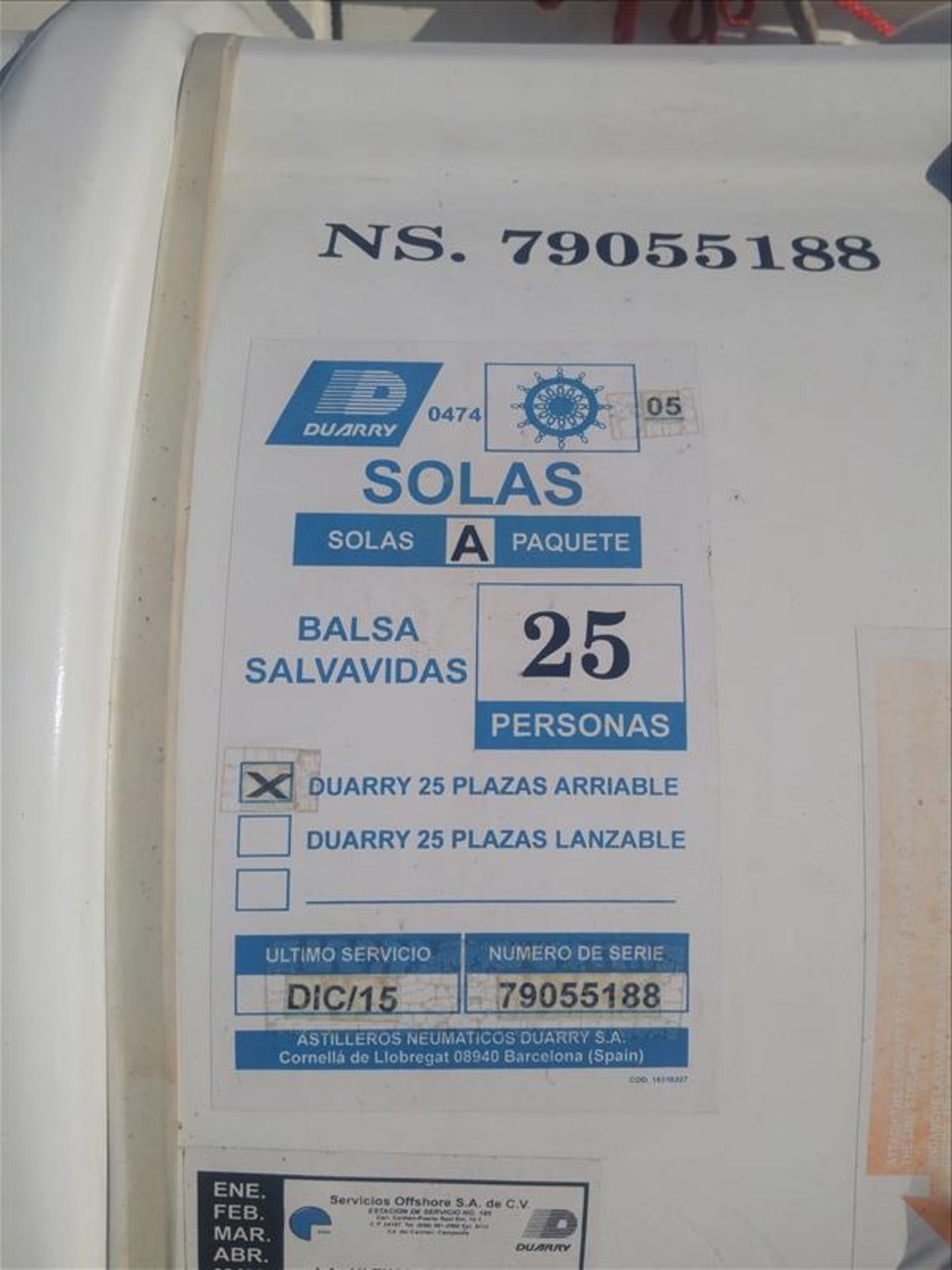 (5) Duarry Solas 25 Person Life Rafts s/n 79055188 - Image 3 of 6