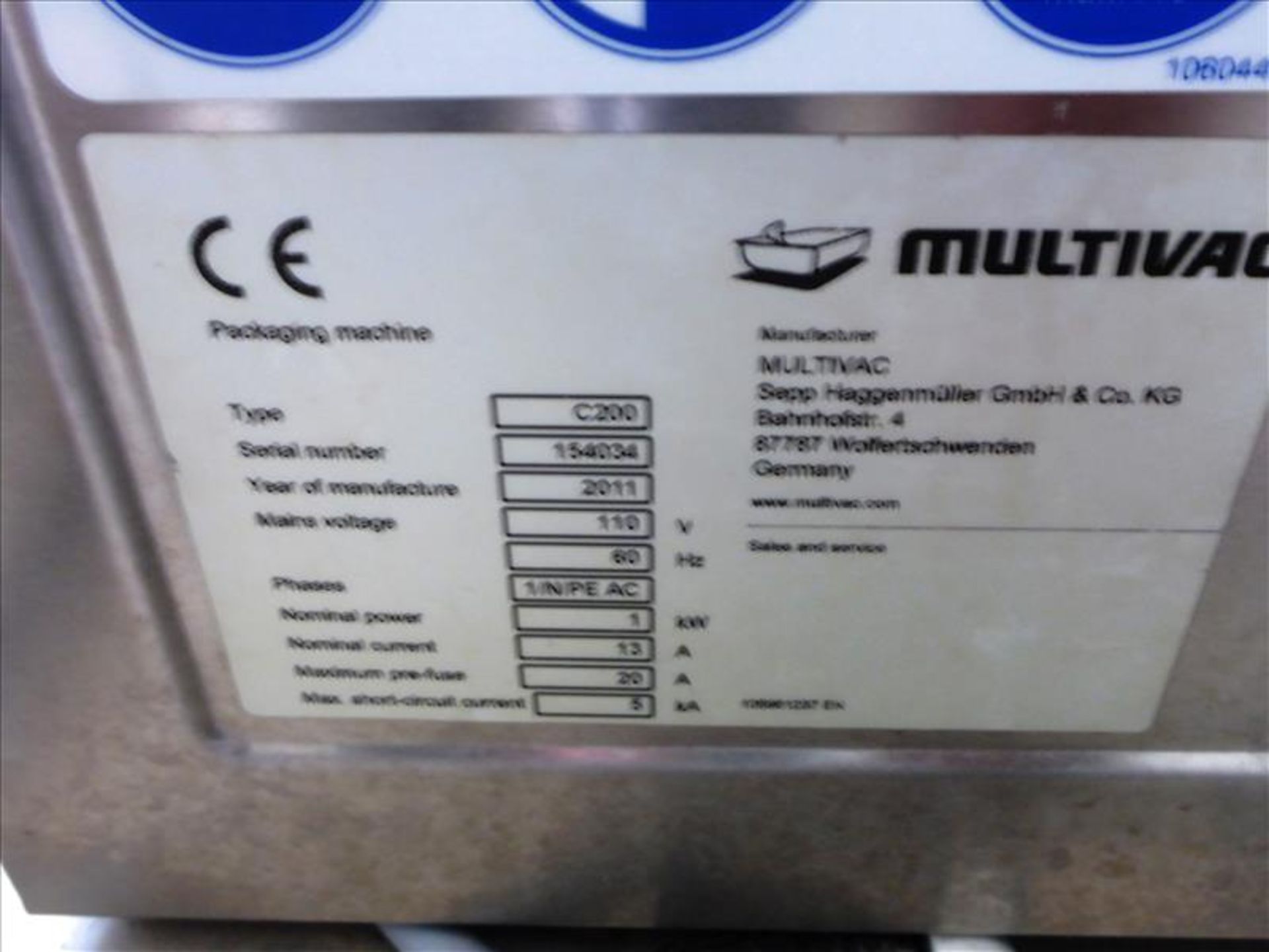 Multivac model C200, s/s vacuum packer, ser. no. 154034 (2011) c/w cart on casters (Tag No. 1054) - Image 2 of 3