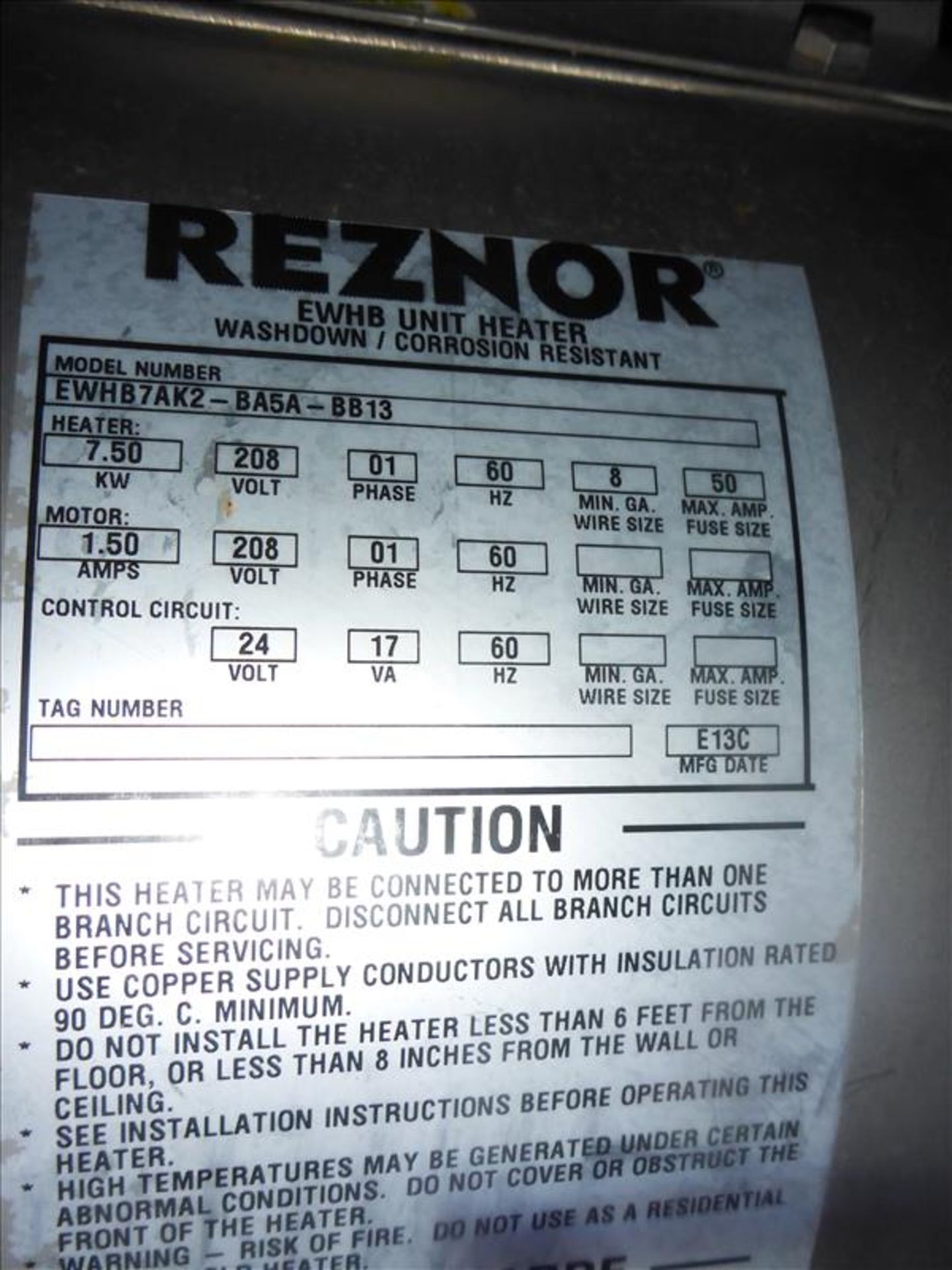 (3) Reznor unit heaters, model EWHB7AK2-BA5A-BB13, wash down & corrosion resistant (Tag No. 1319) - Image 2 of 2