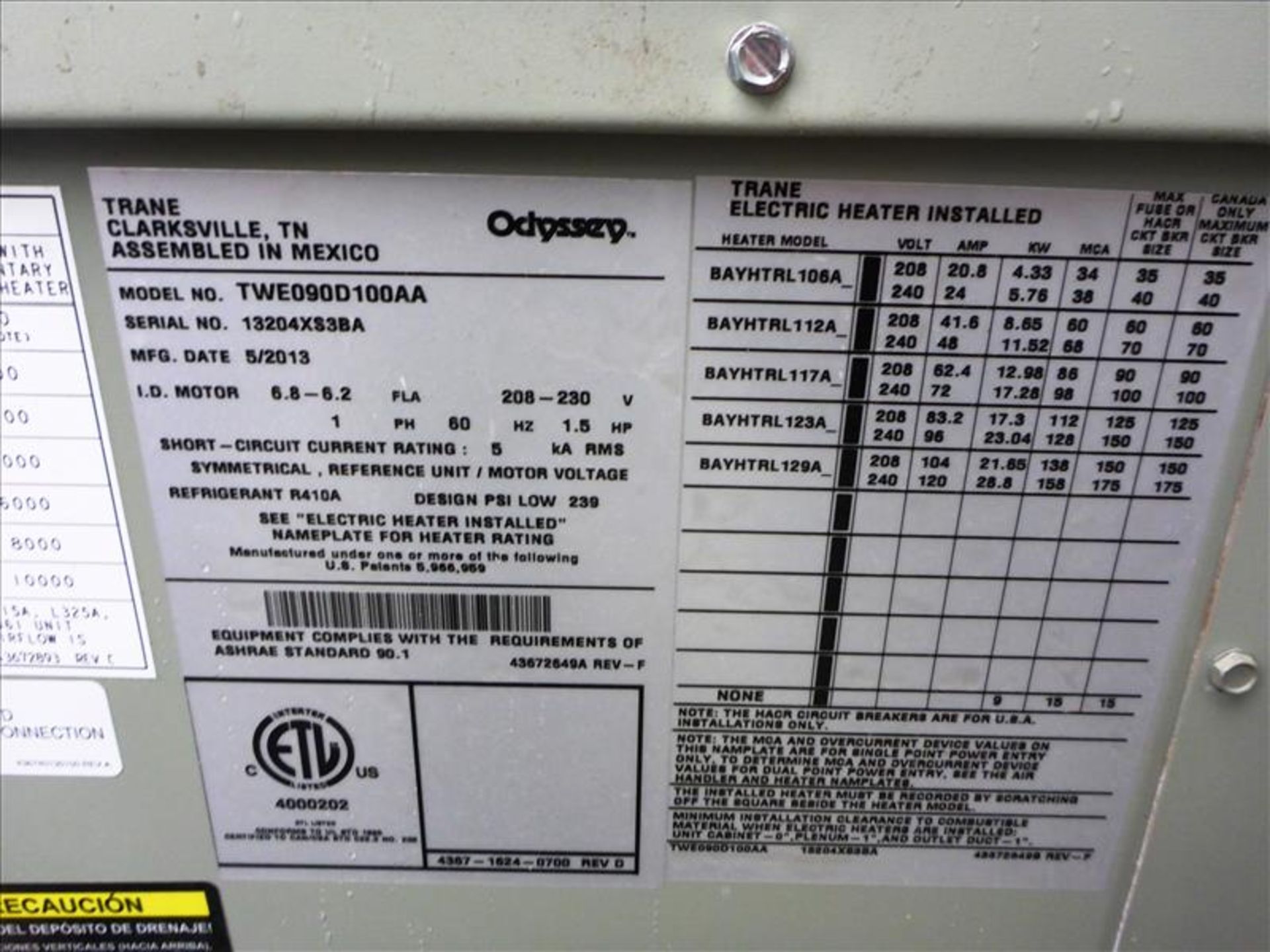 Trane Odyssey 7-1/2 ton split system heat pump & air handler, model TWE090D100AA, s.n. 13204XS3BA ( - Image 2 of 2