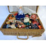 Wicker hamper and a qty of vintage dolls