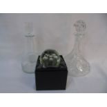 2 Cut glass ship decanter +1 together with a boxed glass paperweight