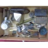 Collection of various metal and plated items to include antique flat irons and copper warming pan