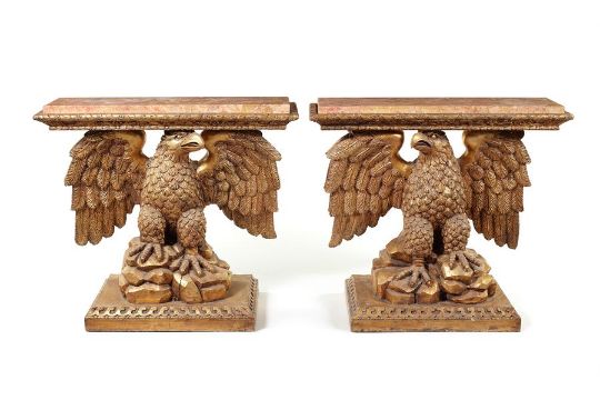 A pair of George II style Kentian carved gilt wood eagle consoles. - Image 5 of 8