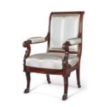 A 19th century French Restauration carved rosewood and gilt bronze mounted fauteuil, by Jeanselme.