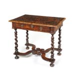 A William and Mary walnut, oyster veneered, ebony, stained bone and floral marquetry side table.