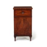 A late George III mahogany, satinwood banded and ebony line inlaid pedestal cabinet.