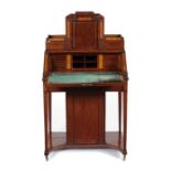 A George III fiddleback mahogany, satinwood and chequerbanded architectural writing cabinet