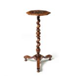 A William & Mary walnut and olive oyster veneered and green stained horn marquetry candlestand.