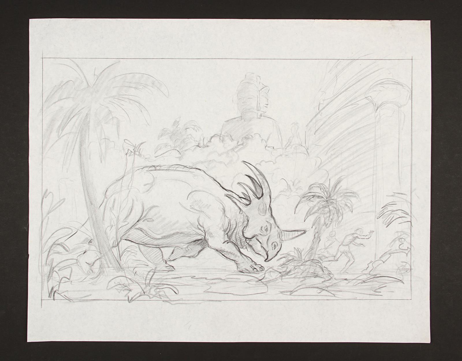 KING OF THE GENIIS (1973) - Ray Harryhausen Hand-Drawn Concept Of The Charging Styracosaurus A