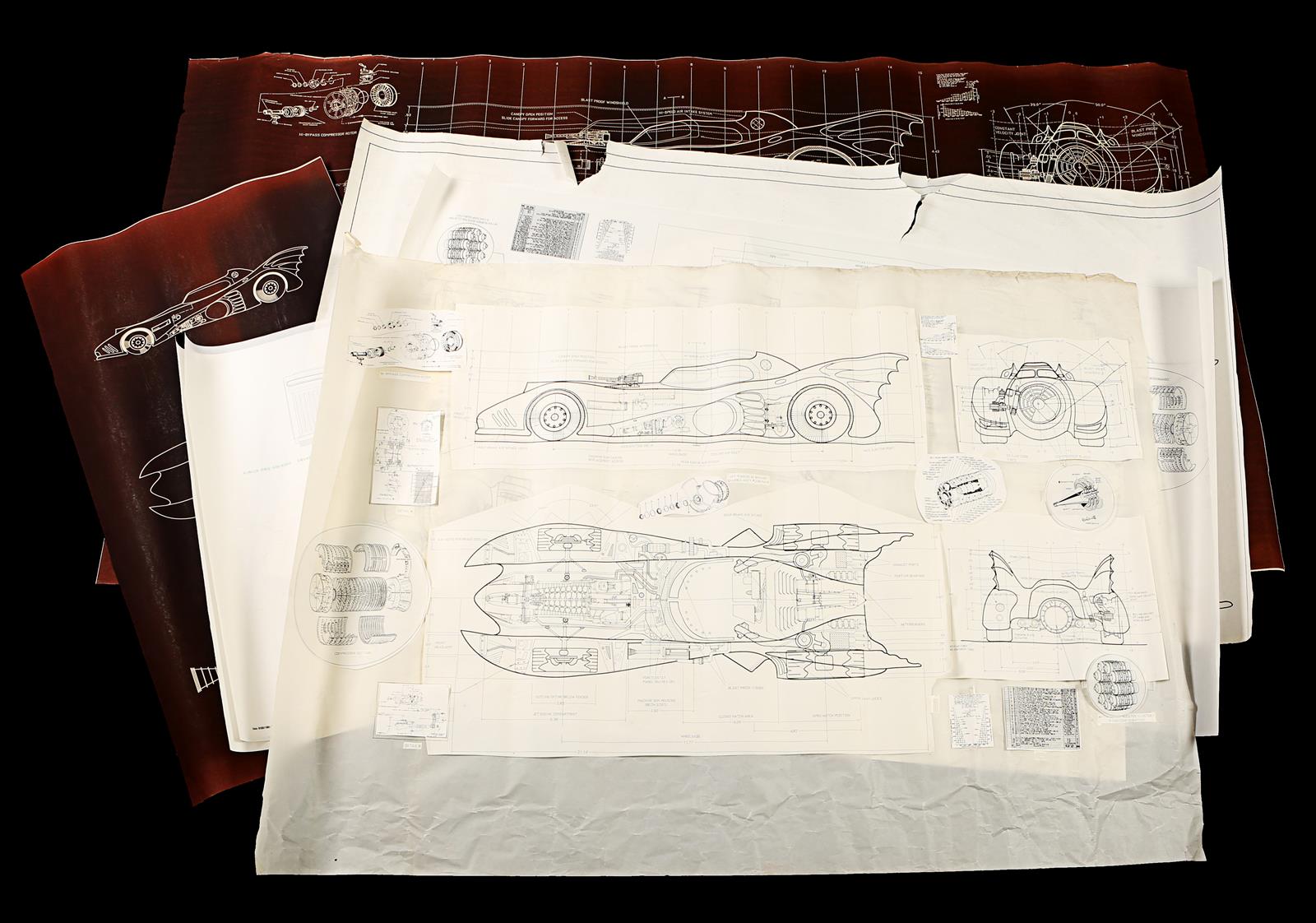 BATMAN RETURNS (1992) - Batmobile Printed Drafting A collection of Batmobile printed drafting made